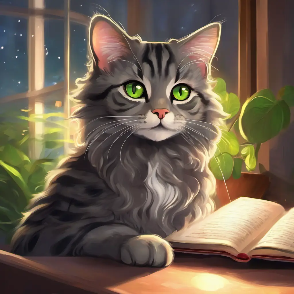 Gray tabby cat, green eyes, mysterious aura, very intelligent encouraging Young black girl, dark eyes, curly hair, creative spirit to practice reading.