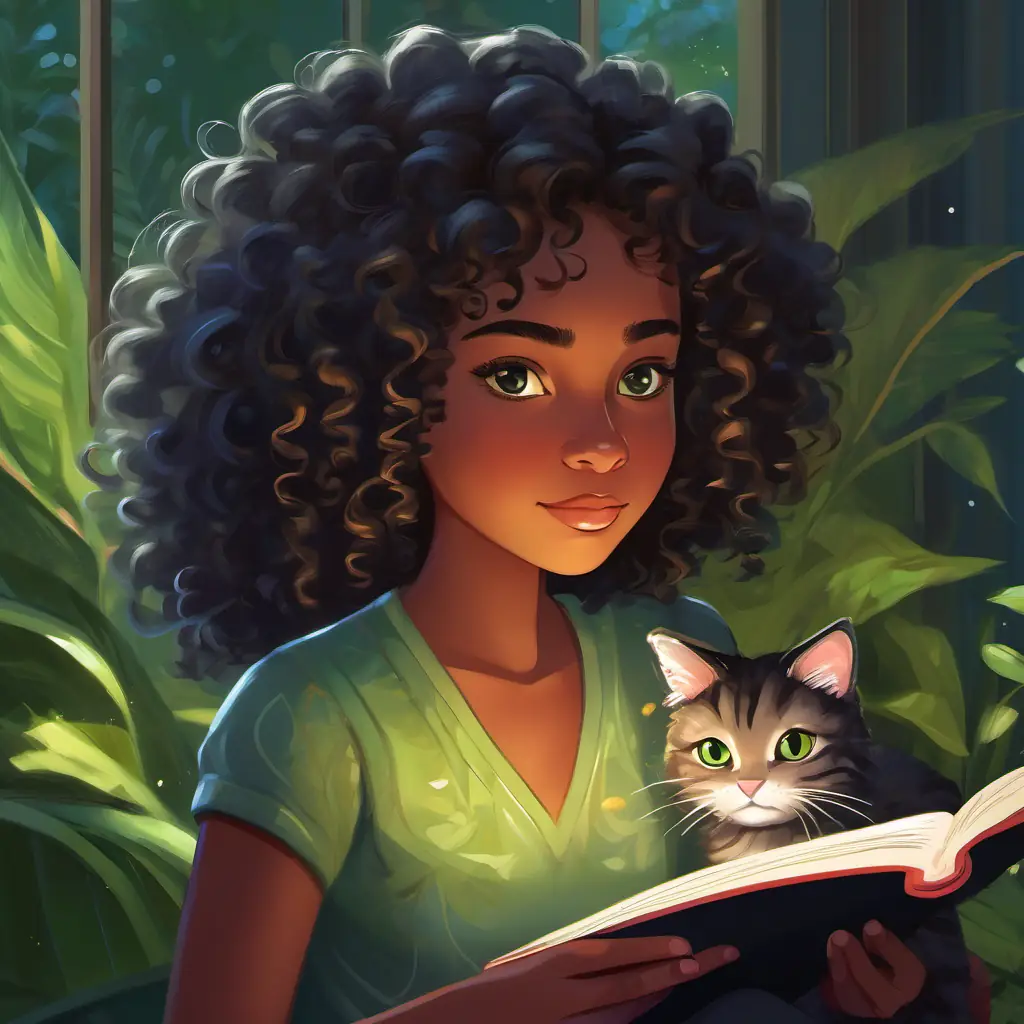 Young black girl, dark eyes, curly hair, creative spirit confidently reading with Gray tabby cat, green eyes, mysterious aura, very intelligent.