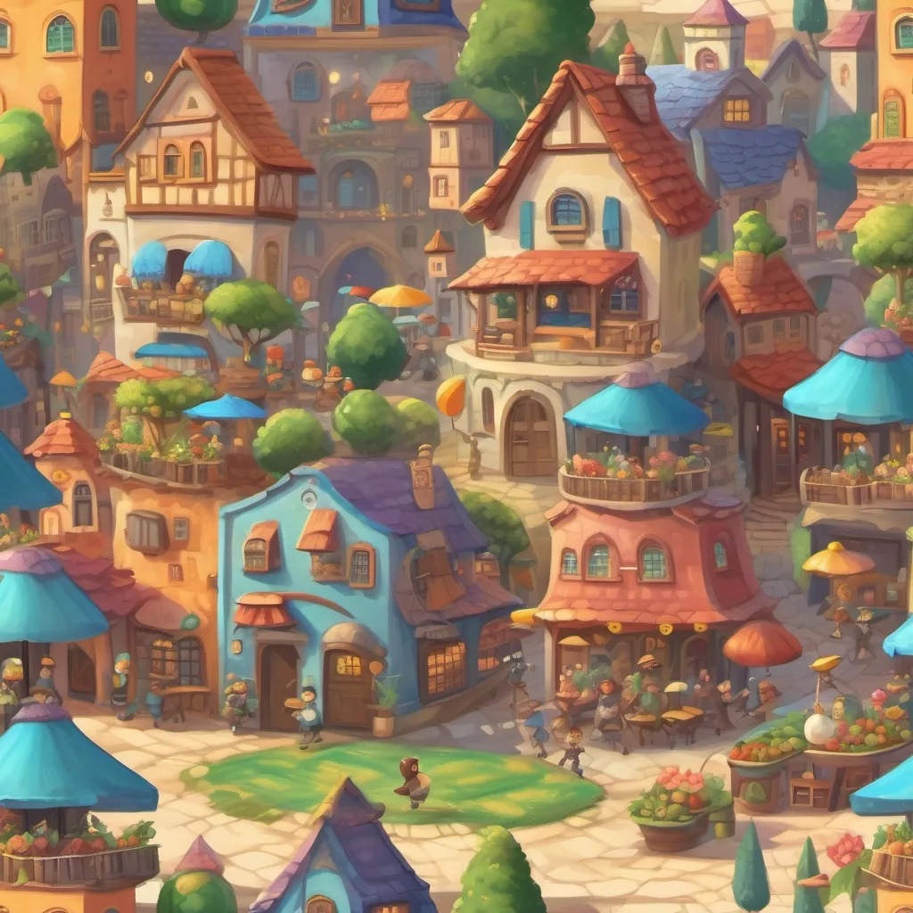 A whimsical town with colorful houses and a lively marketplace; a small turtle with tap shoes dancing happily with bystanders cheering