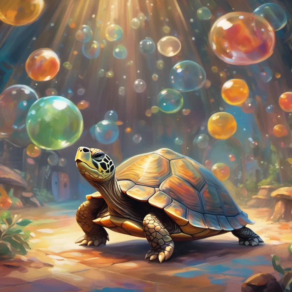 An excited turtle with a vision bubble above her head showing herself on a big stage with many followers watching her dance