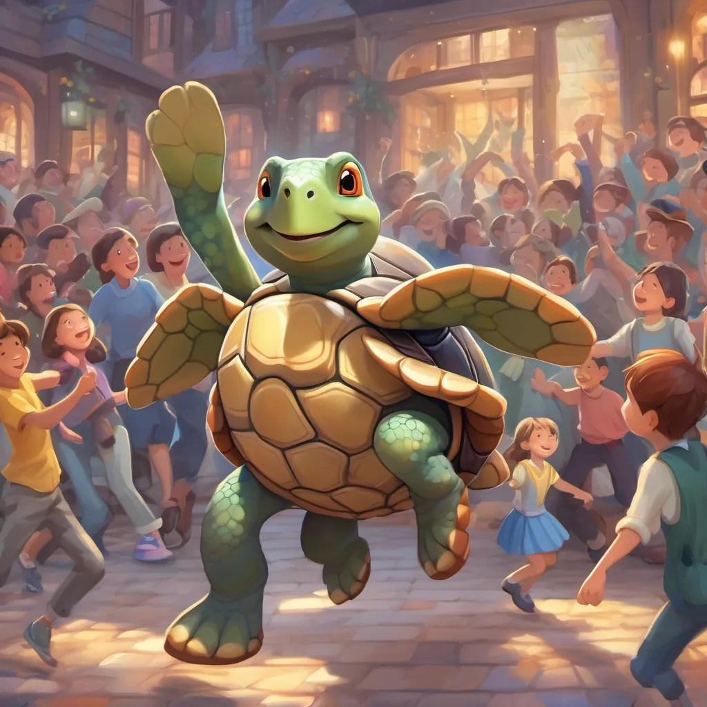 A small turtle with tap shoes, energetic and hopeful happily dancing amidst a crowd of friends and family, now more fulfilled and smiling brightly