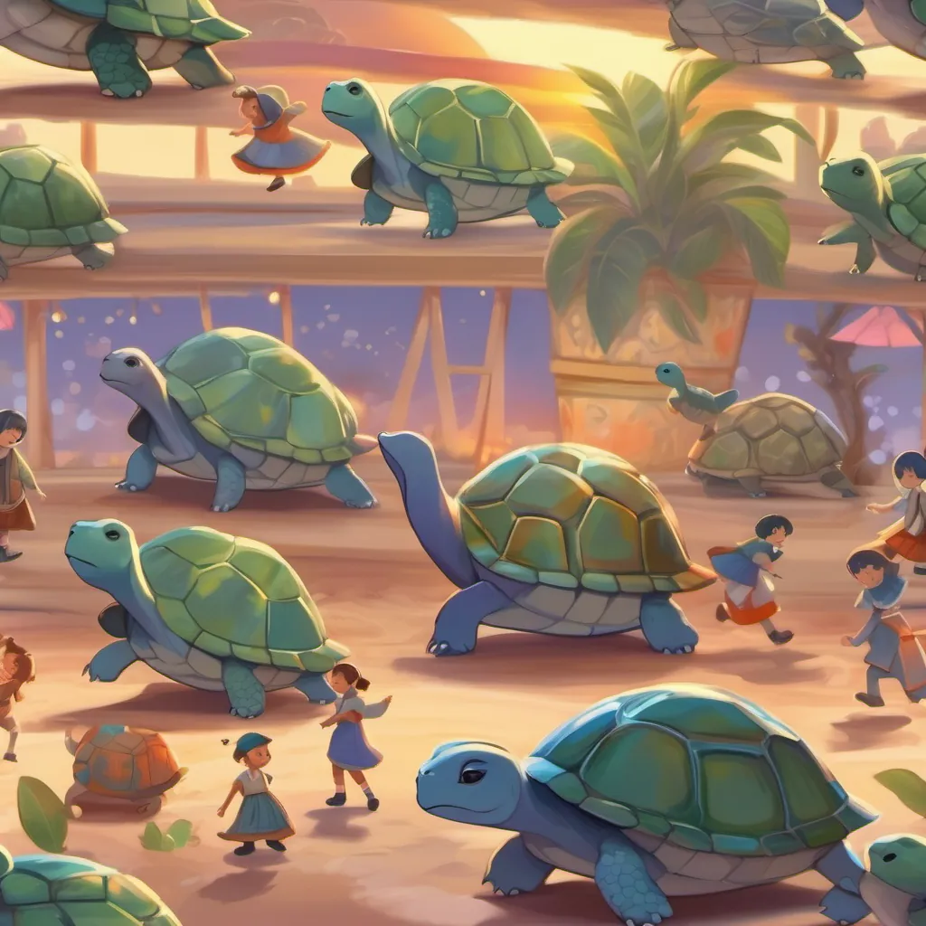 A final heartwarming scene with A small turtle with tap shoes, energetic and hopeful dancing while everyone around her cheers, with a sun setting in the background and a feeling of contentment