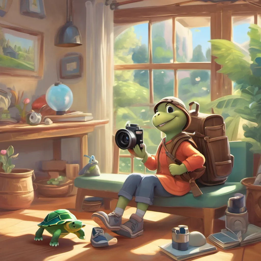 A sunny day with a creative turtle having a lightbulb moment, preparing her tap shoes and a camera