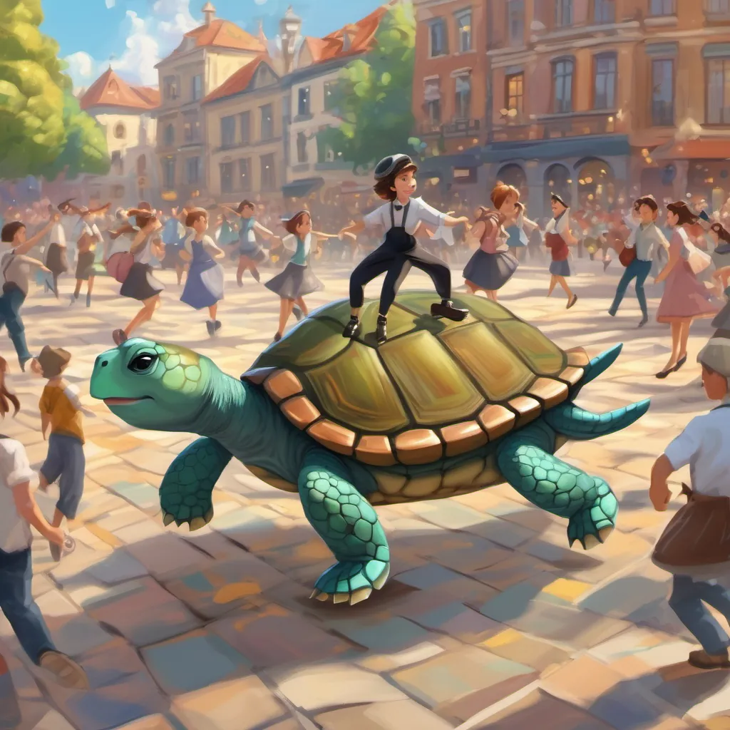 A small turtle with tap shoes, energetic and hopeful tap dancing in the middle of the town square with musical notes and swirls, surrounded by spectators
