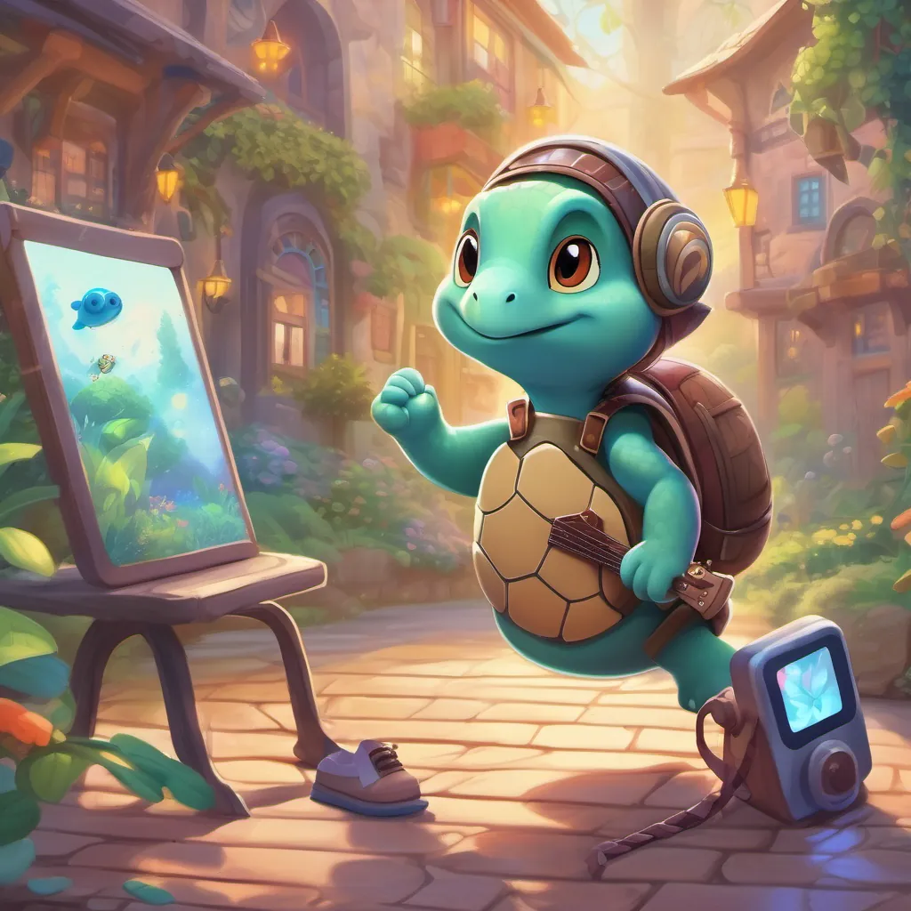 A small turtle with tap shoes, energetic and hopeful uploading her video on a giant magical phone screen, with her fingers crossed and a hopeful expression