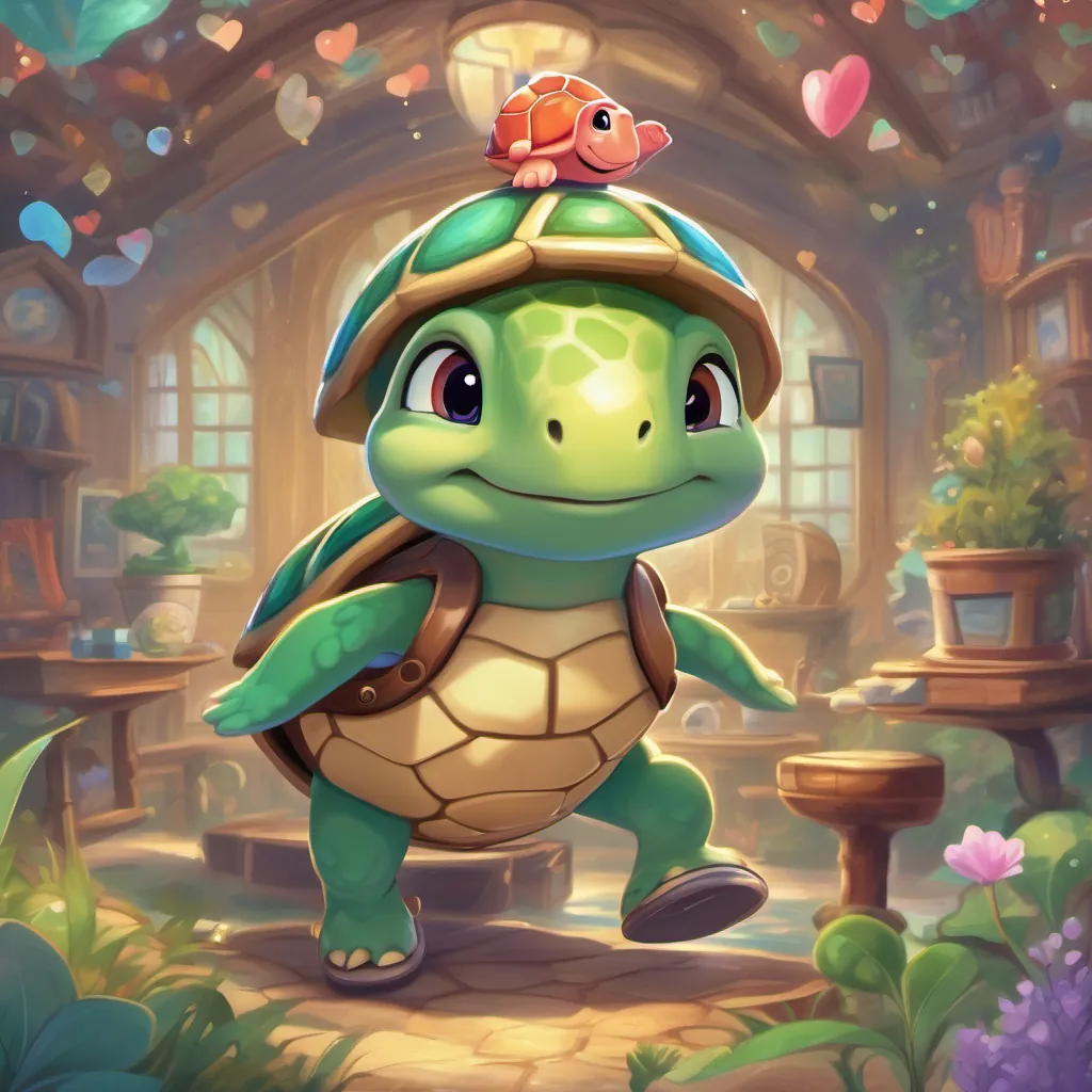 A magical world where numbers of likes and hearts float around A small turtle with tap shoes, energetic and hopeful as she looks ecstatic and amazed
