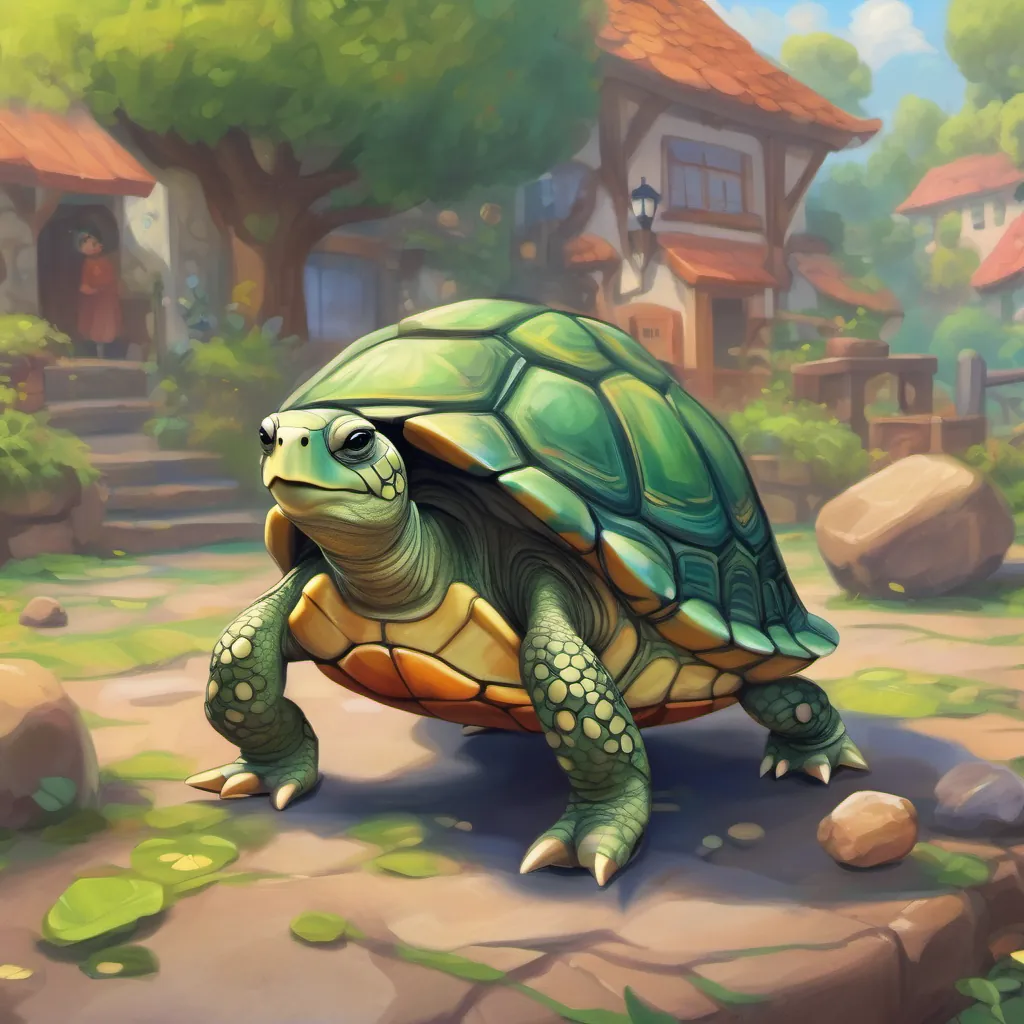 A small turtle with tap shoes, energetic and hopeful looking tired and overwhelmed, missing her family and friends who stand in the background looking concerned