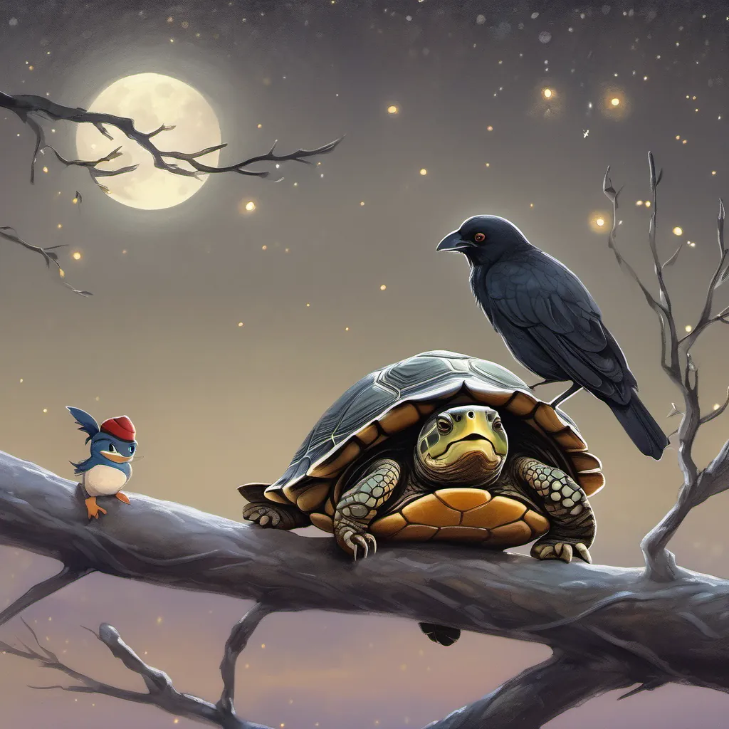 In a moonlit setting, A small turtle with tap shoes, energetic and hopeful speaks with an old, wise crow who sits on a branch under a twinkling sky