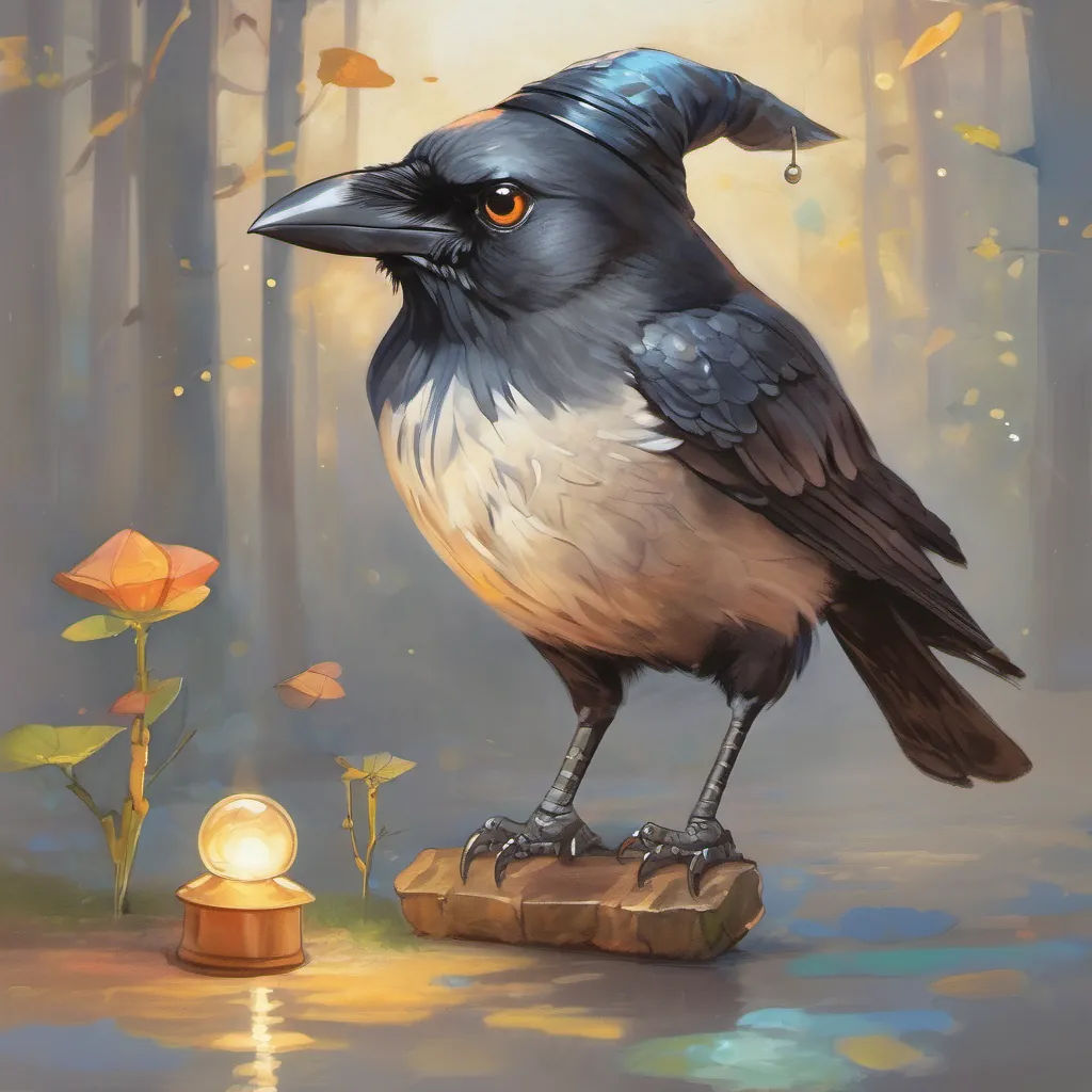 The wise crow An old, wise crow with sparkling eyes, calm and caring speaking gently to A small turtle with tap shoes, energetic and hopeful, with a warm and glowing aura around them