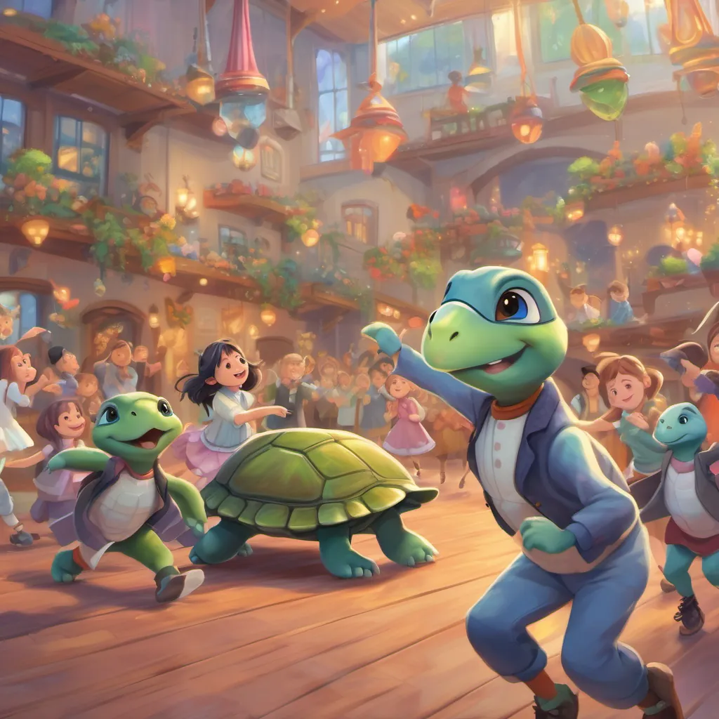 A small turtle with tap shoes, energetic and hopeful dancing with her friends and family surrounding her, smiling and clapping together