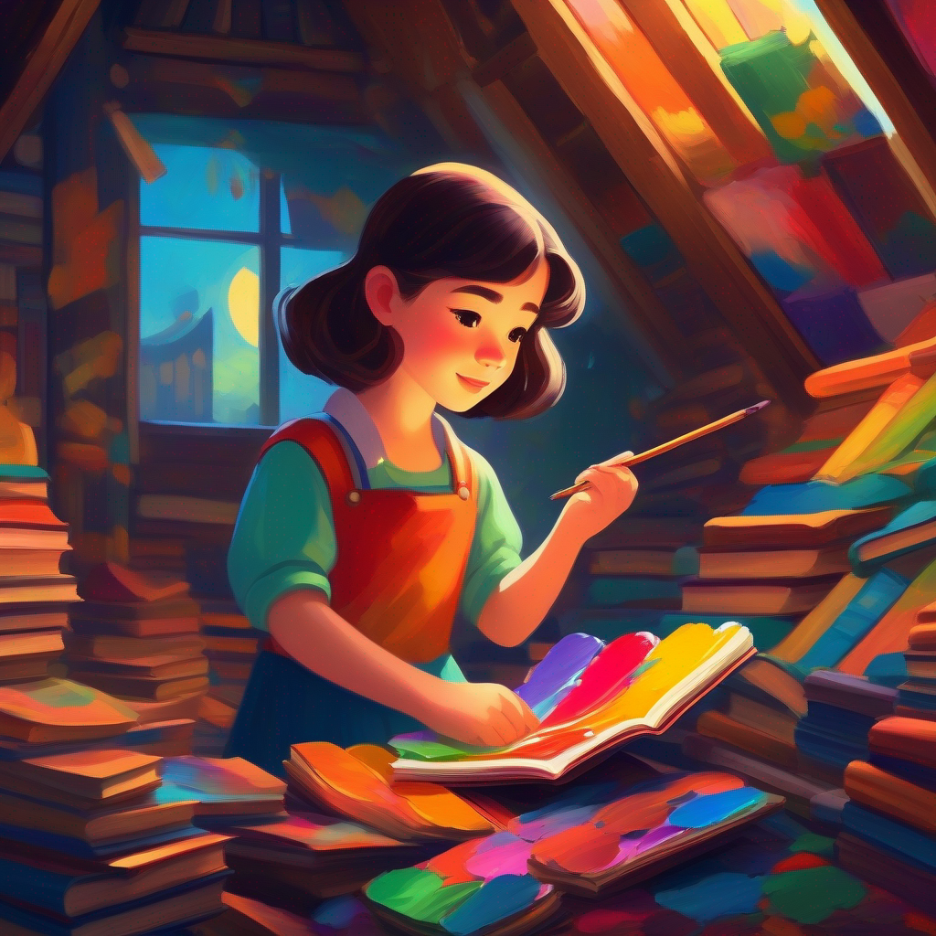 A young girl with a passion for art, wearing a vibrant artist's palette. finds an old book in the attic.