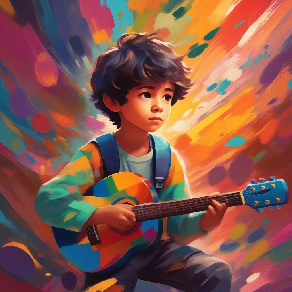 A young boy with a guitar, wearing a determined expression. is inspired by A young girl with a passion for art, wearing a vibrant artist's palette. to pursue music.