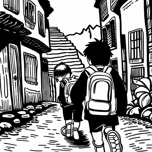 Niños con mochilas caminando hacia el pueblo olvidado