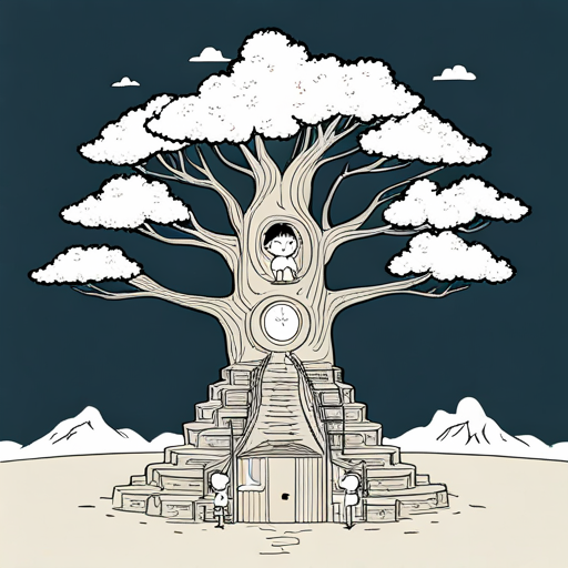 Árbol mágico con símbolos y los tres niños resolviendo acertijos