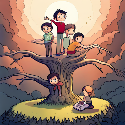 Niños resolviendo acertijos en colaboración con el árbol mágico