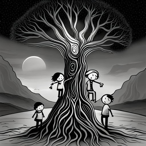 Árbol brillante con los tres niños y el anciano aplaudiendo
