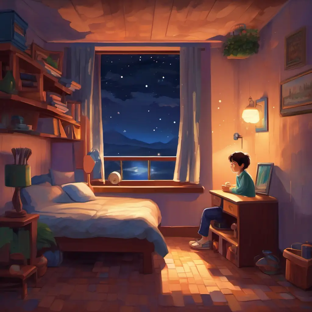 niño por la noche en su habitación mirando a un cubo de plástico