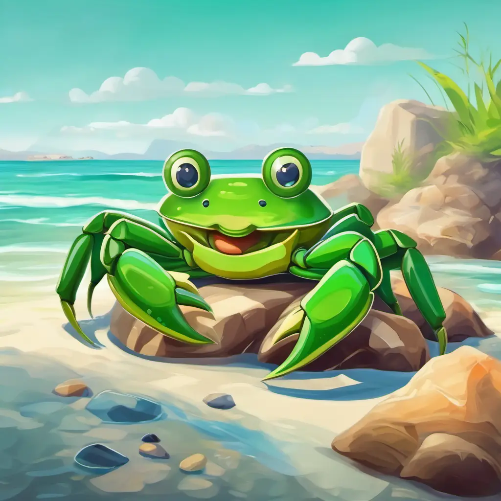 happy green crab with kind eyes on the rocks on the beach