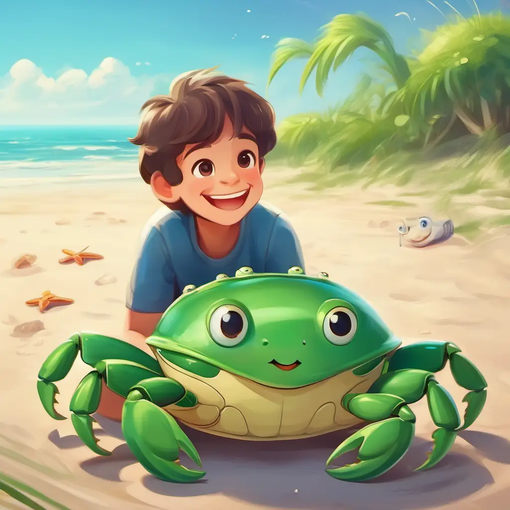 happy boy next to the green crab smiling happily, on the beach