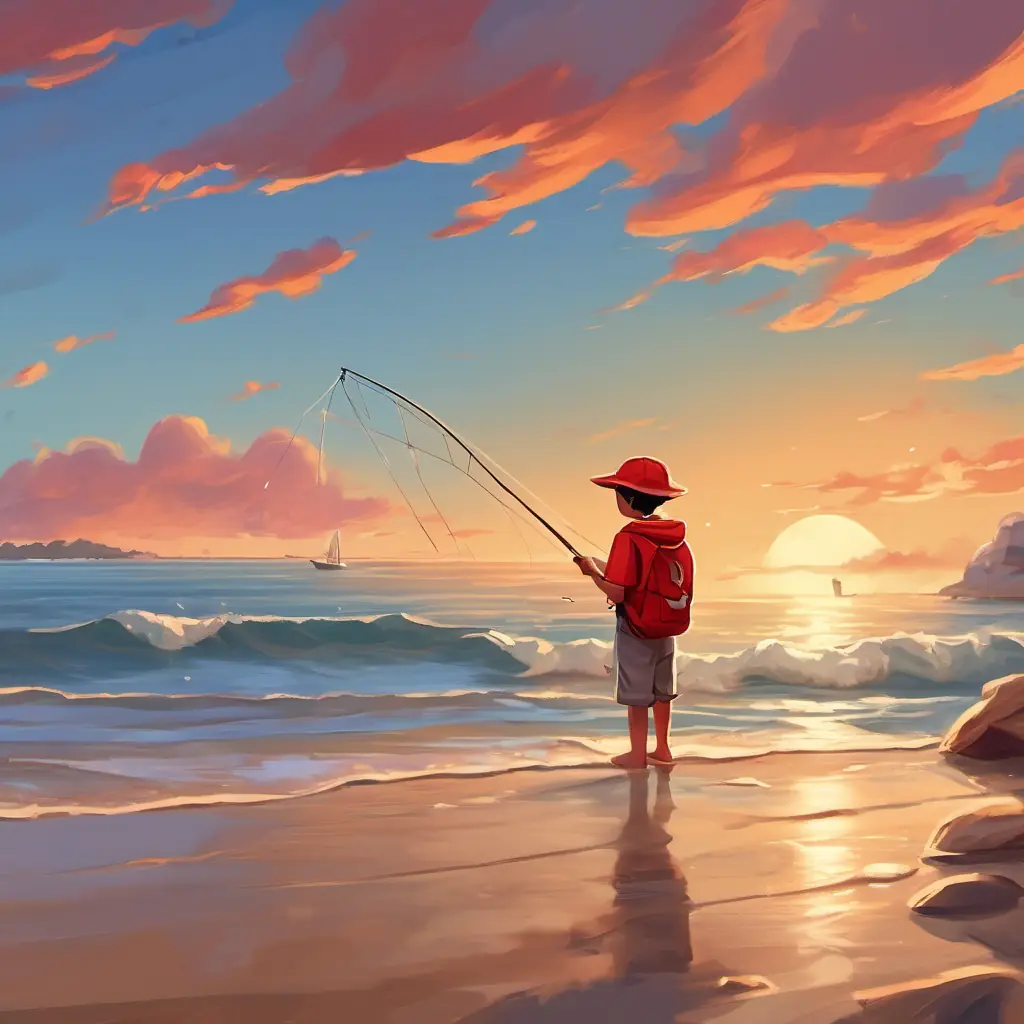 niño pescando en playa, sosteniendo una red de pesca