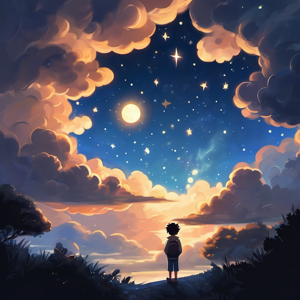 The illustration shows A glowing star in the night sky, shining with confidence in the sky, looking worried and hiding behind a cloud. The other stars are shown talking to A glowing star in the night sky, shining with confidence and trying to comfort him.