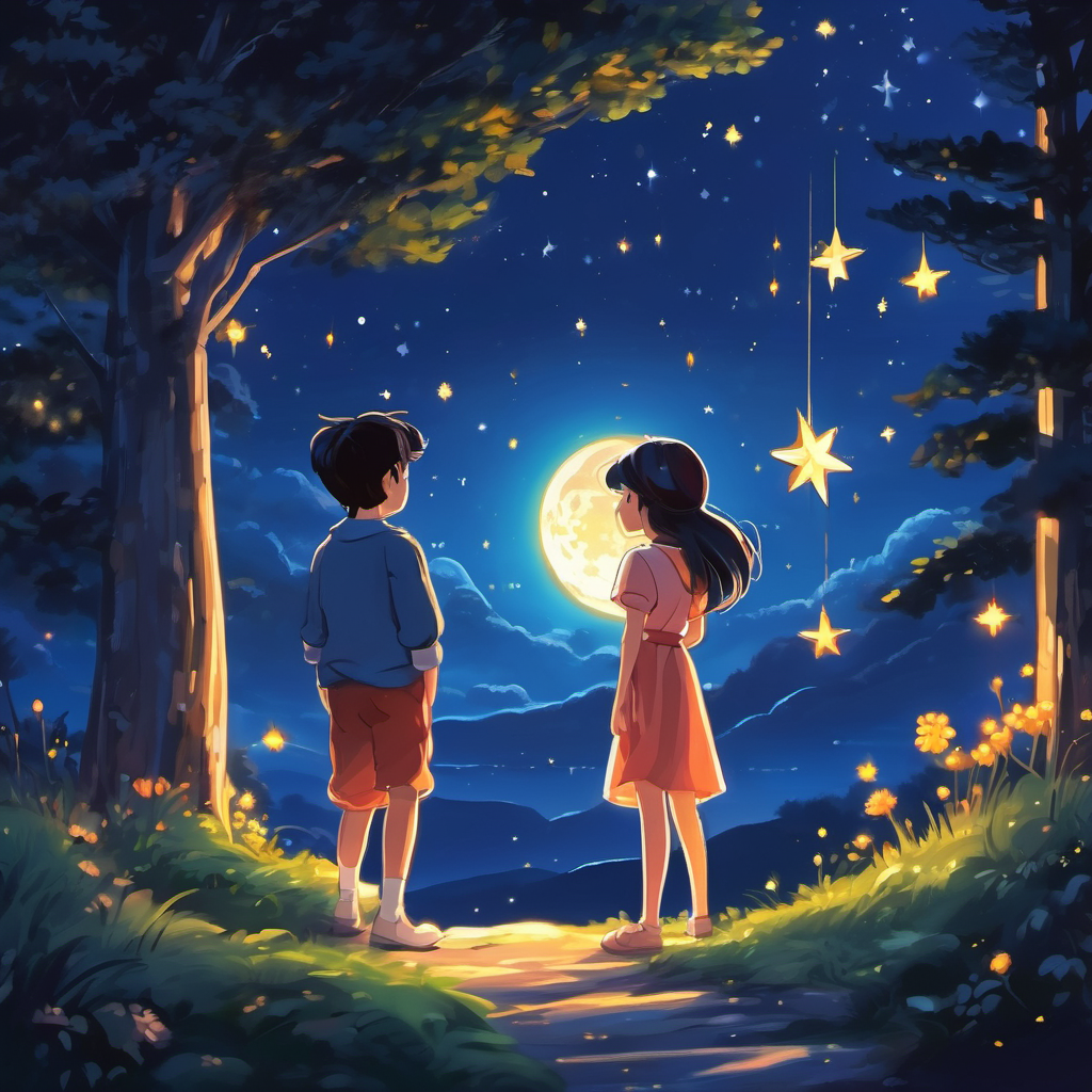 The illustration shows A glowing star in the night sky, shining with confidence looking amazed at the beauty of the night sky. The stars and the moon are shown shining brightly. A glowing star in the night sky, shining with confidence is shown glowing with a newfound confidence.