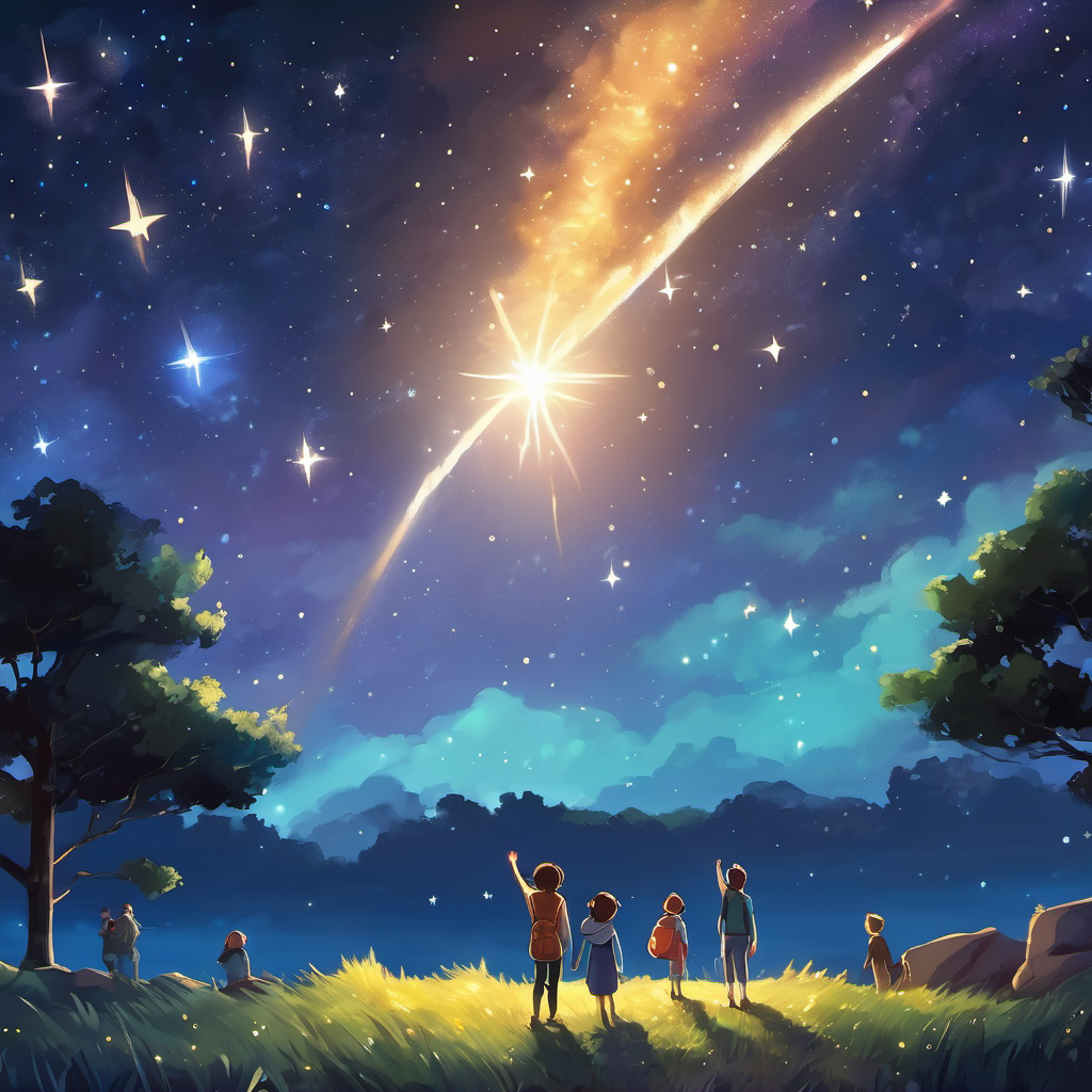The illustration shows A glowing star in the night sky, shining with confidence shining brightly in the night sky, surrounded by other stars. People on the ground are shown looking up and pointing with awe at A glowing star in the night sky, shining with confidence.