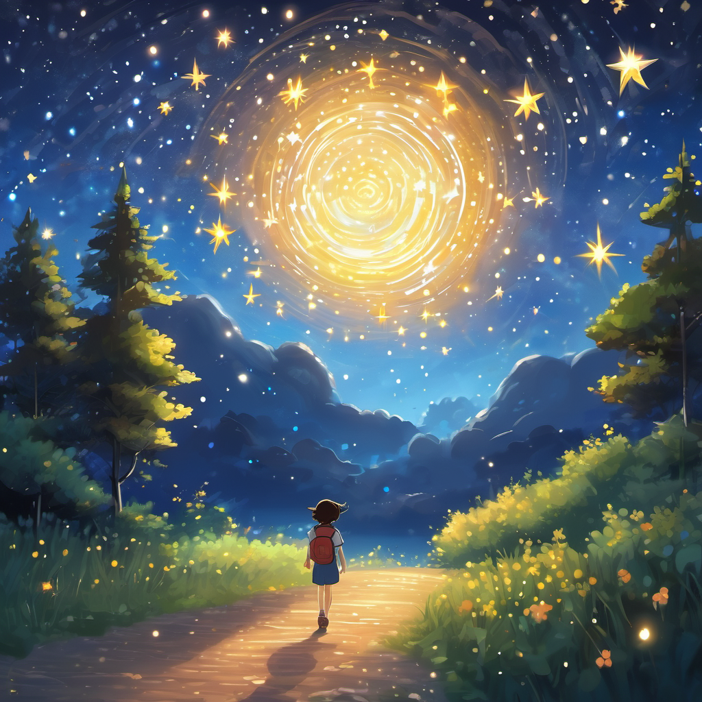 The final illustration shows A glowing star in the night sky, shining with confidence traveling through the night sky, leaving a trail of sparkles behind. The sky is filled with a dazzling display of stars. A glowing star in the night sky, shining with confidence is shown smiling and radiating confidence.