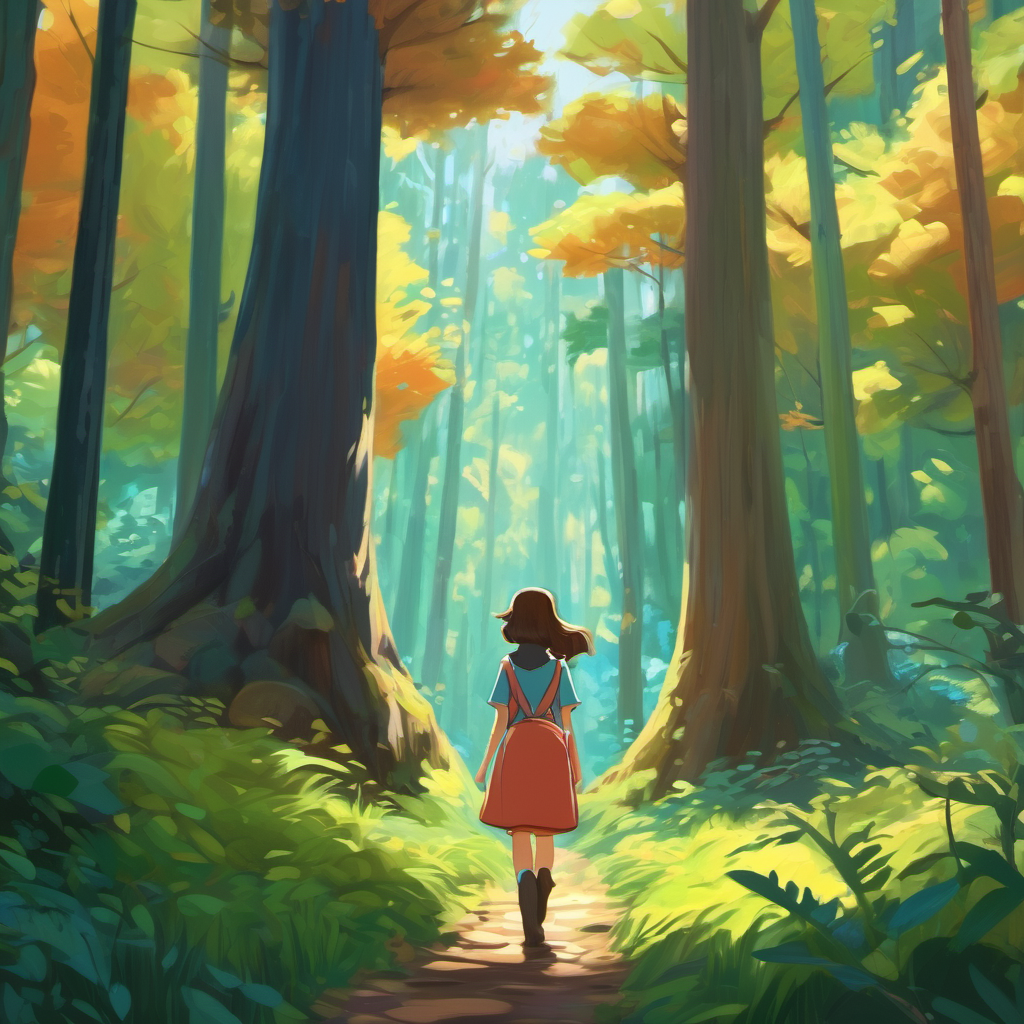 girlren in a forest, surrounded by tall trees