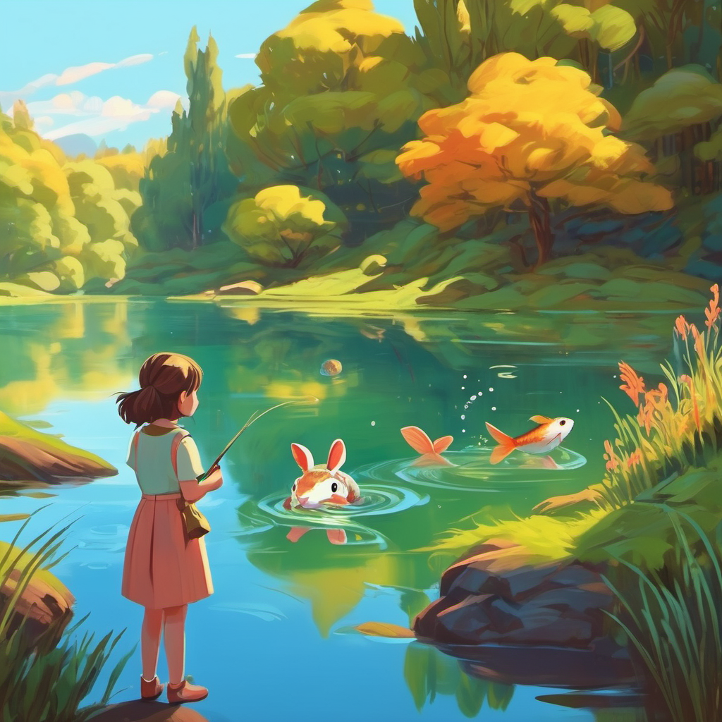 girlren watching fish in a lake, rabbit scaring snake