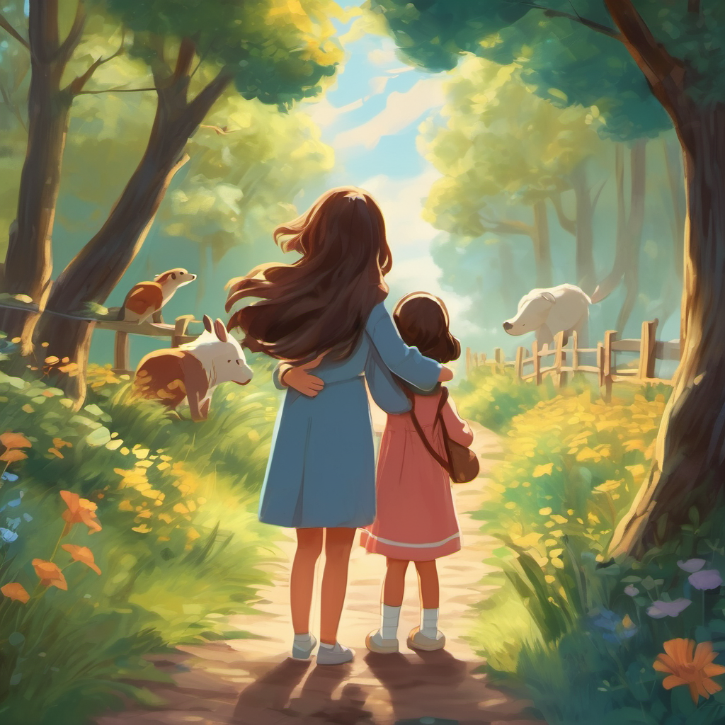 girlren hugging and waving goodbye to their animal friends