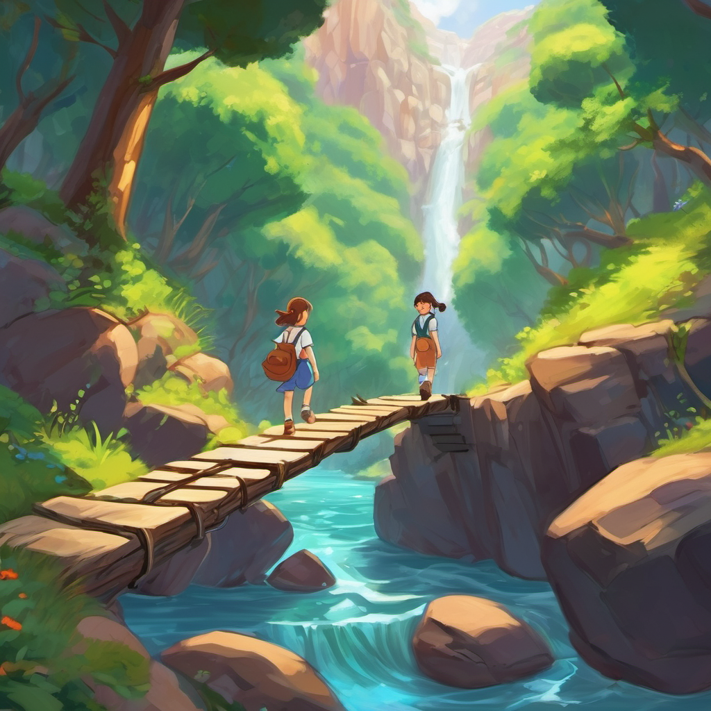 As they stared at the deep chasm, Alex shouted over the roar of the wind, "We've come so far, and together we can cross this chasm too!" He suggested they use all their skills, working in harmony. Lily utilized her puzzle-solving abilities to find hidden stepping stones in the chasm. Max constructed a makeshift bridge using twigs, ropes, and his trusty toolbox. Mia, with her treasure-hunting talents, found a nearby lever that activated a hidden mechanism, forming a sturdy bridge across the chasm with a resounding click!