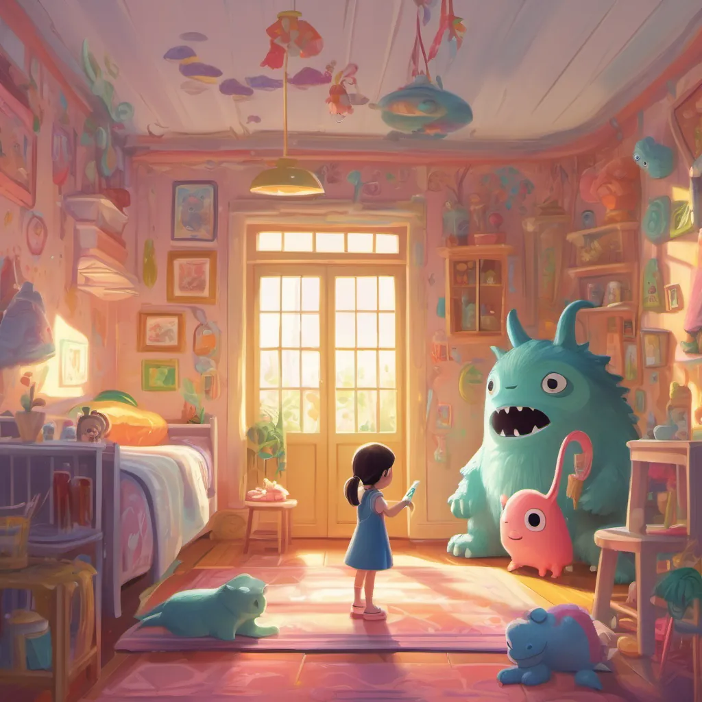 A bright, sunny room with a little girl discovering a cute, whimsical monster made of toothbrushes.