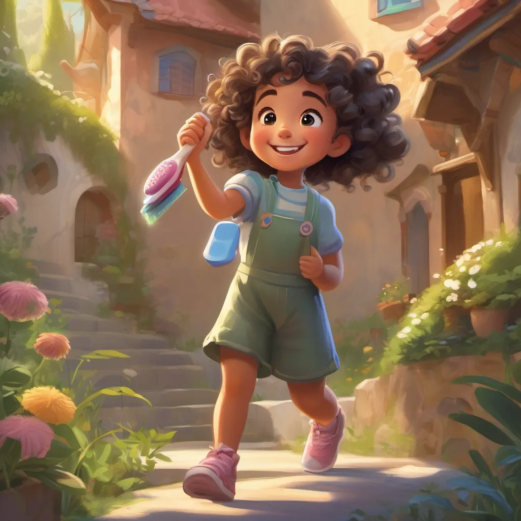 A little girl with curly hair, bright eyes, and a big, playful smile smiling confidently, holding her toothbrush, and ready to play, looking forward to her next adventure.