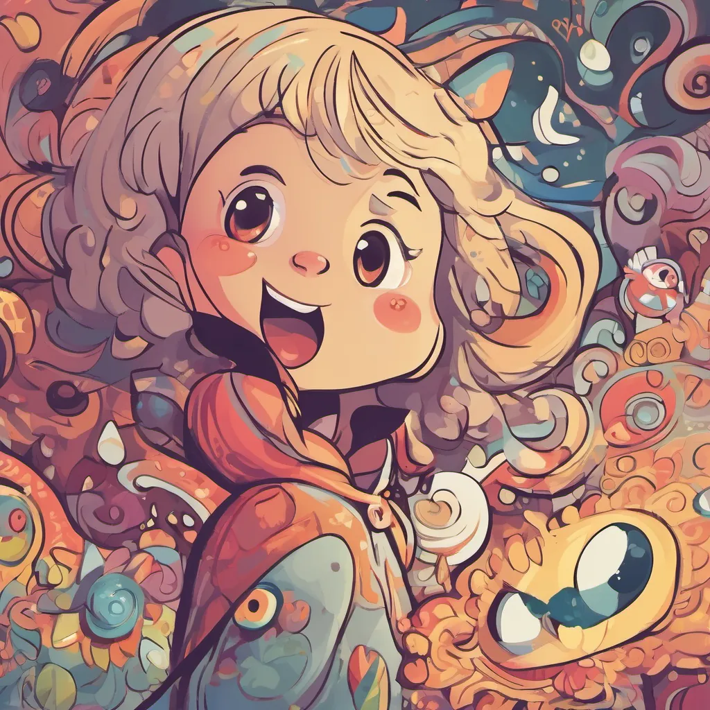 A little girl with curly hair, bright eyes, and a big, playful smile with a big, happy smile, with a faint image of the A cute, whimsical monster with bristles for hair, toothpaste eyes, and a shiny, gleaming smile, full of energy by her side, symbolizing the monster's ongoing influence.
