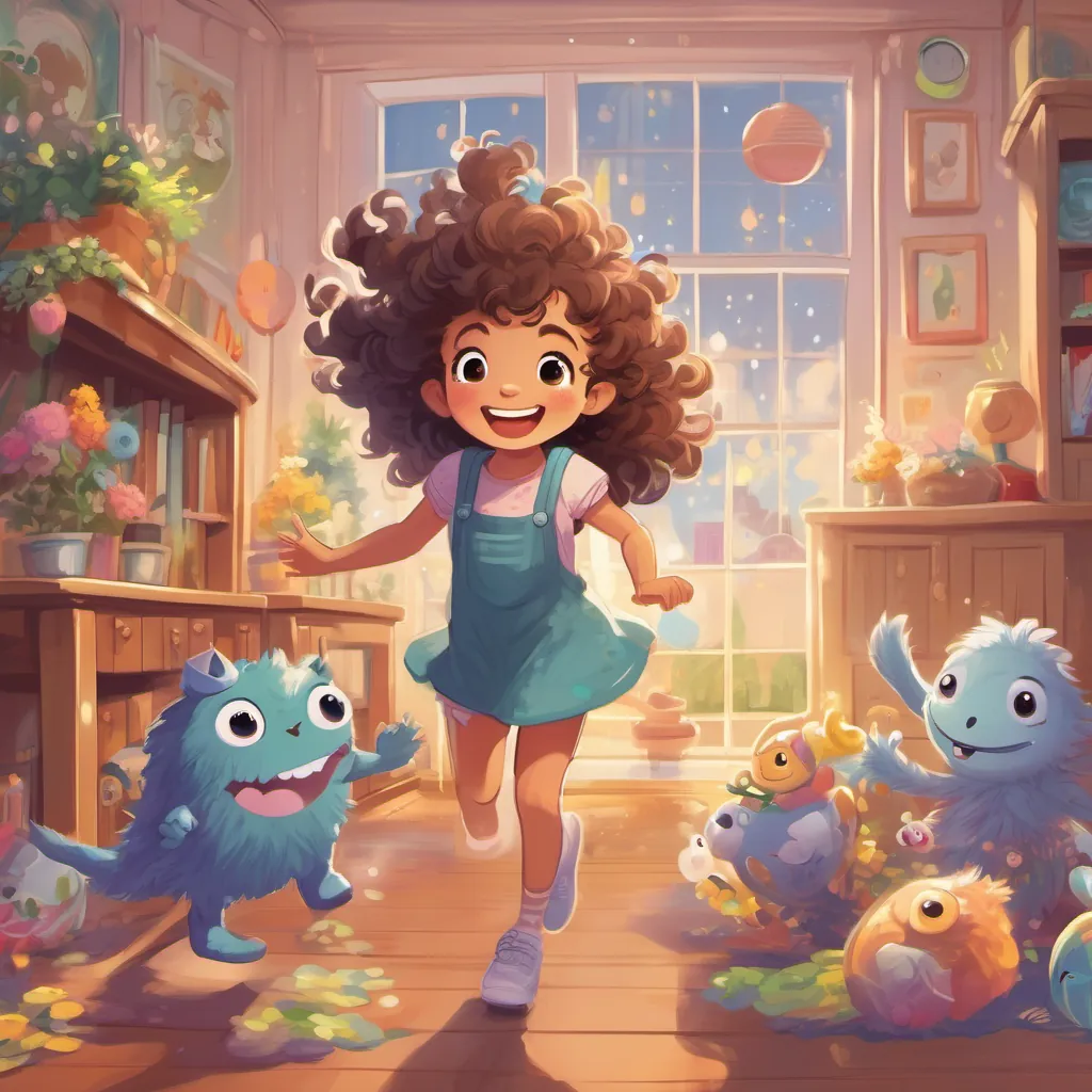 A little girl with curly hair, bright eyes, and a big, playful smile laughing and hopping around the room with the A cute, whimsical monster with bristles for hair, toothpaste eyes, and a shiny, gleaming smile, full of energy dancing and prancing with her.