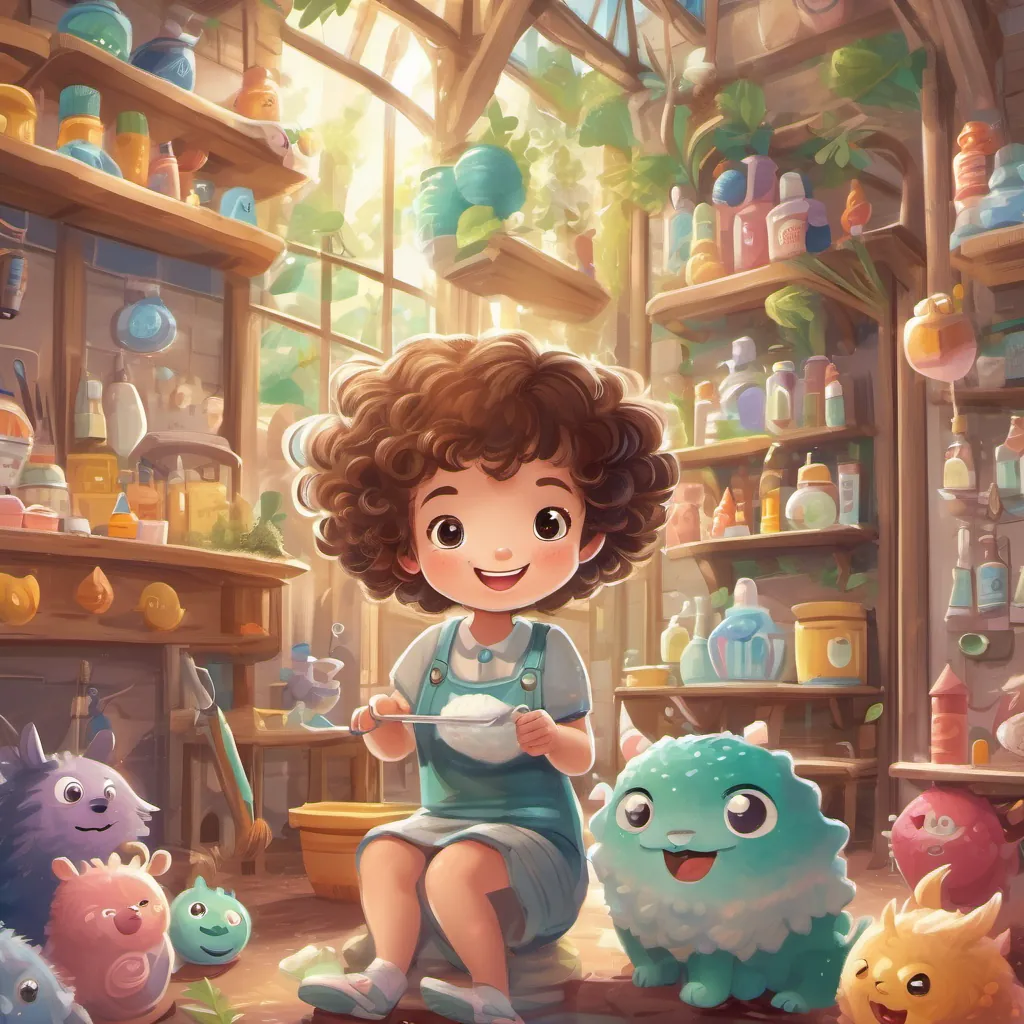 A little girl with curly hair, bright eyes, and a big, playful smile inquisitively asking the A cute, whimsical monster with bristles for hair, toothpaste eyes, and a shiny, gleaming smile, full of energy why he loves brushing teeth.