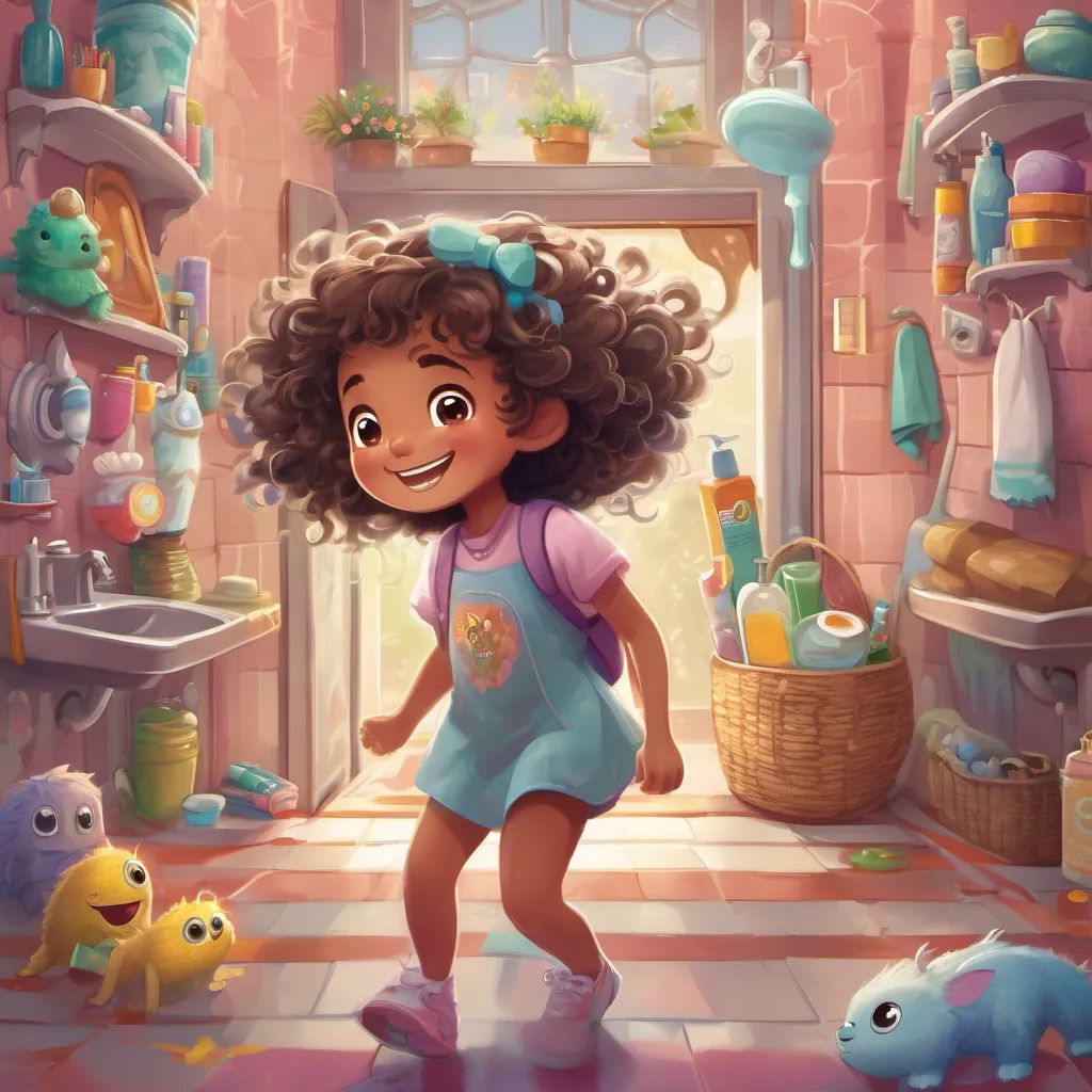 A little girl with curly hair, bright eyes, and a big, playful smile and the A cute, whimsical monster with bristles for hair, toothpaste eyes, and a shiny, gleaming smile, full of energy marching to the bathroom with toothbrushes in hand, looking excited.