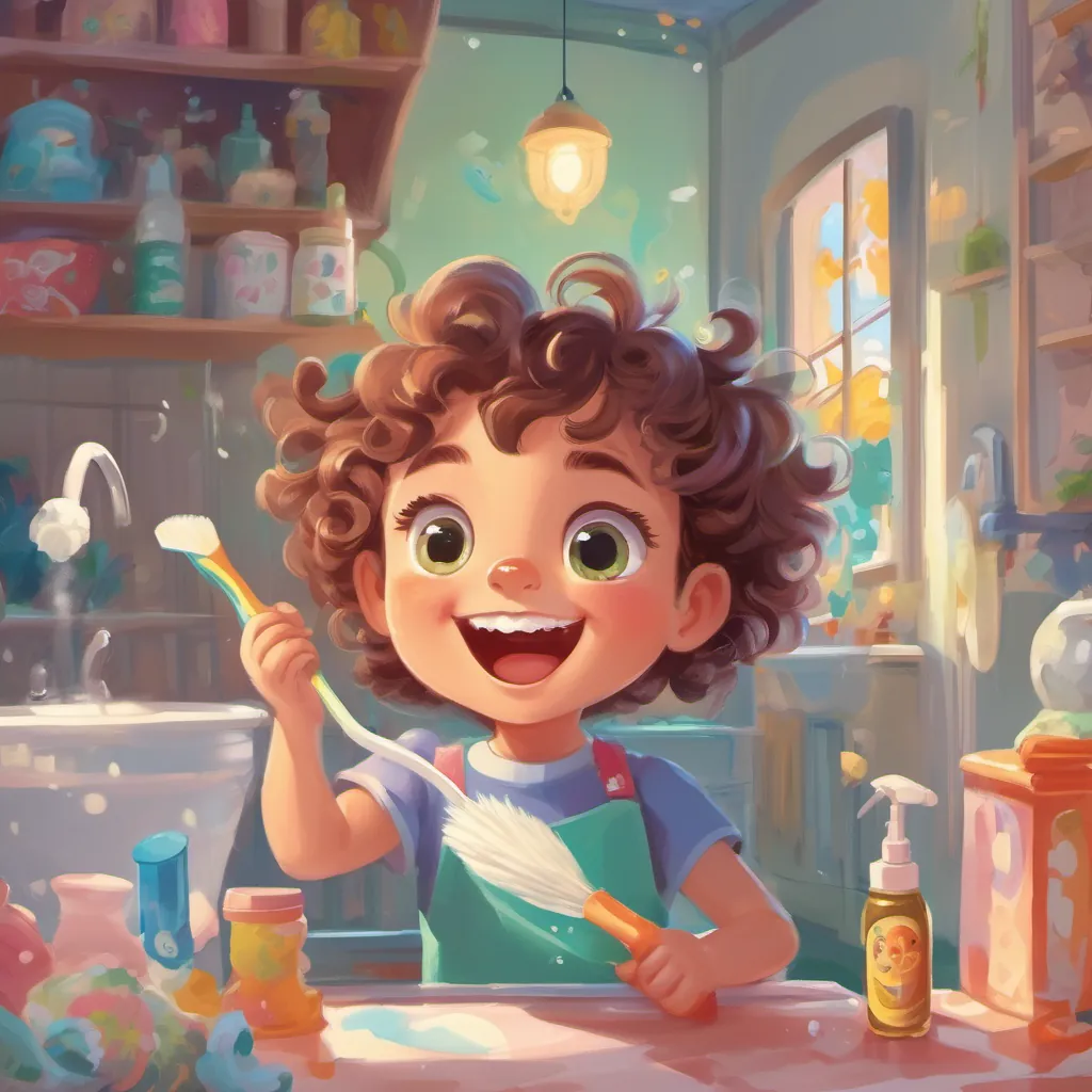 A little girl with curly hair, bright eyes, and a big, playful smile and the monster cleaning their teeth with whooshing and swooshing toothpaste, both smiling.