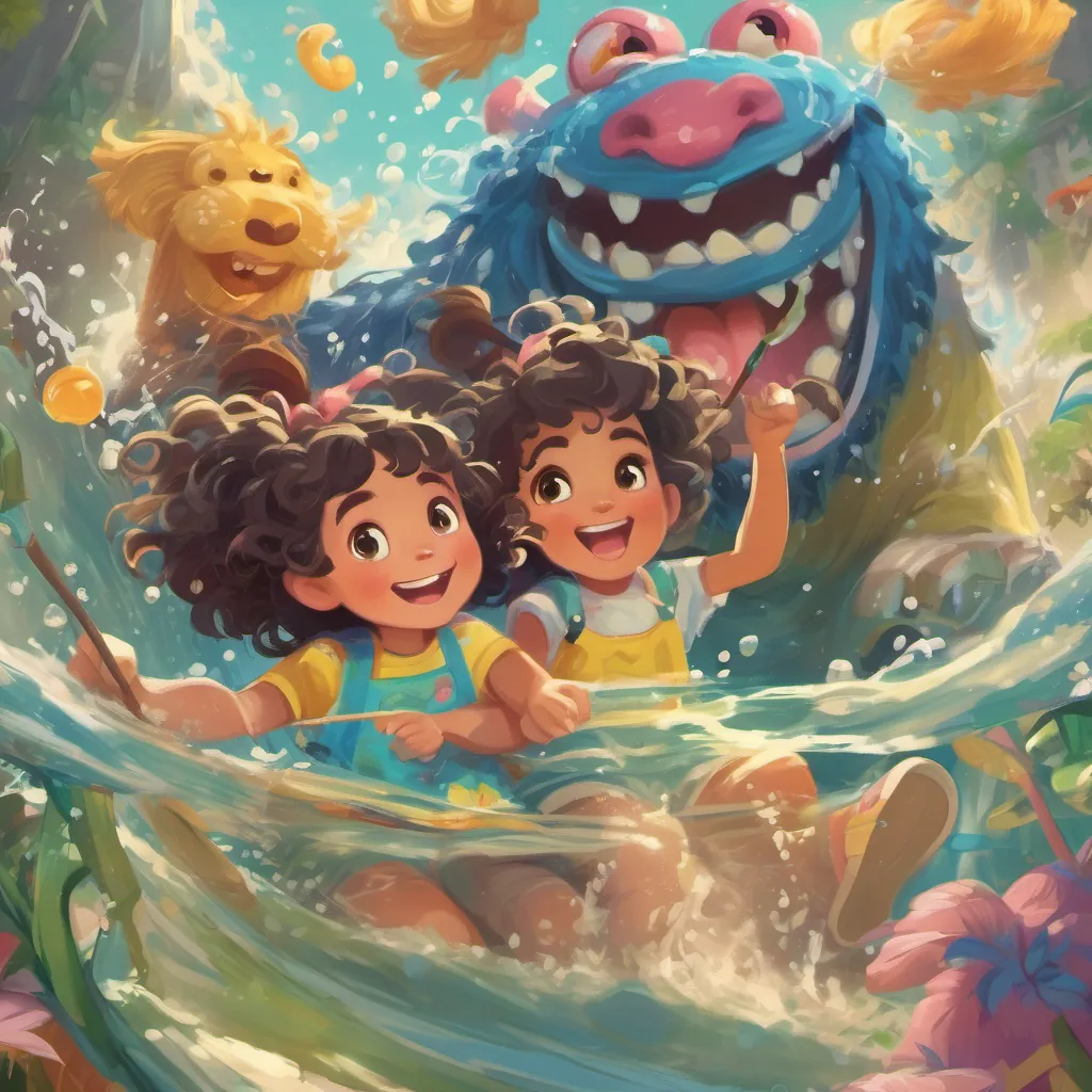 Water splashing high as A little girl with curly hair, bright eyes, and a big, playful smile and the monster joyfully brush their teeth and laugh.