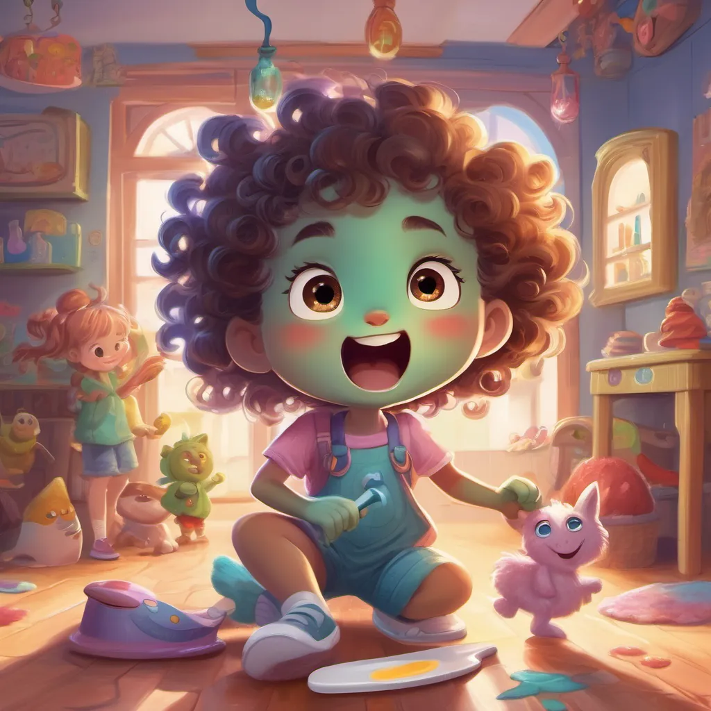A little girl with curly hair, bright eyes, and a big, playful smile and the monster finishing brushing, with bright, sparkling clean teeth and the monster singing.