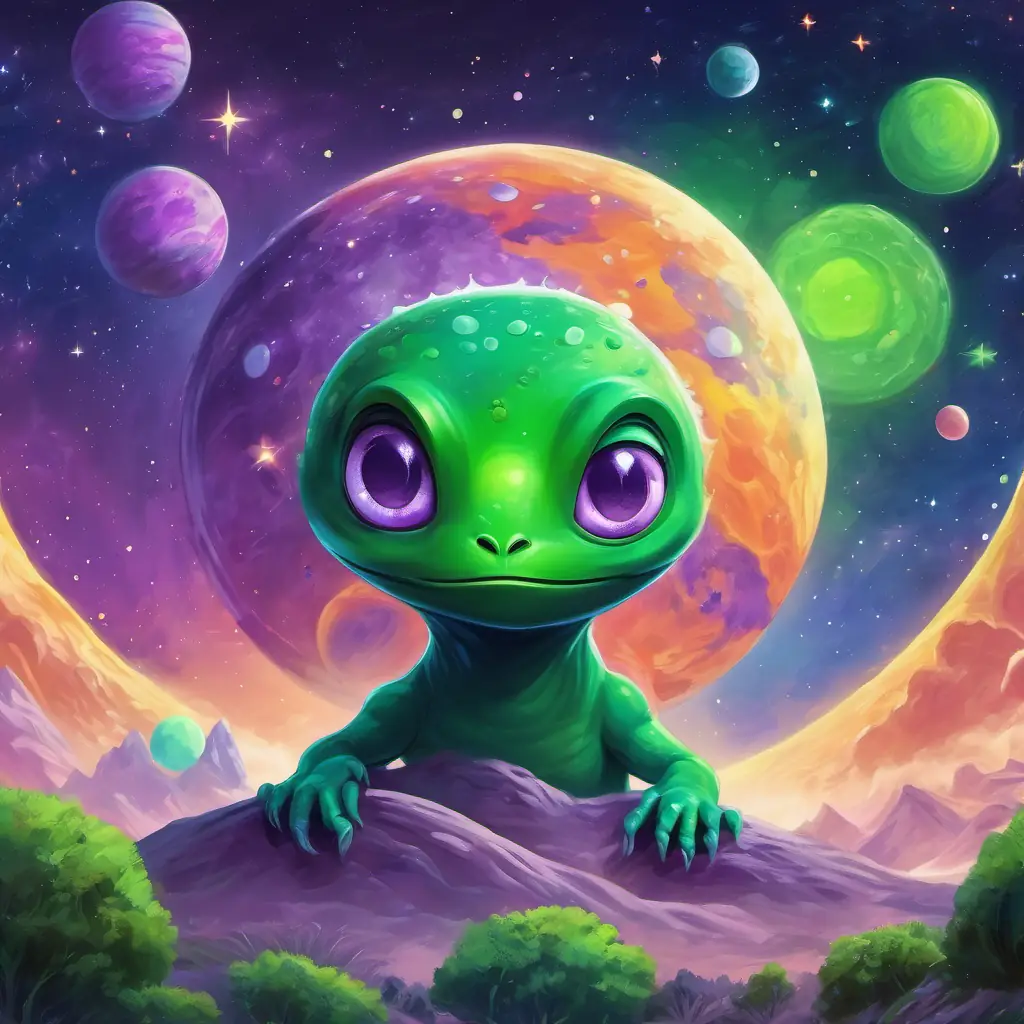 Picture a colorful planet called Zog with Green alien with a purple nose, has stinky superpowers, a green alien, surrounded by stars in the sky.