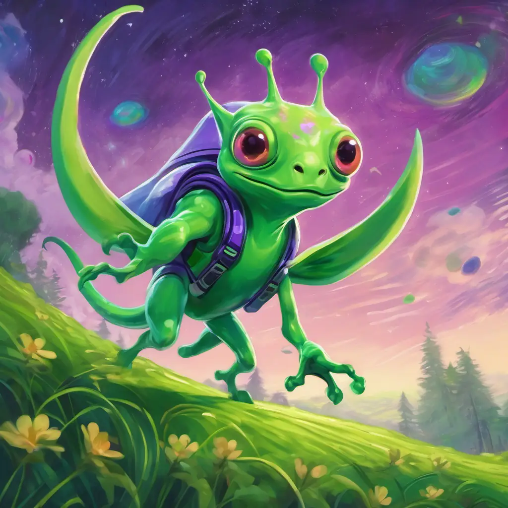 Imagine Green alien with a purple nose, has stinky superpowers zooming around Zog, leaving green stinky trails behind him.