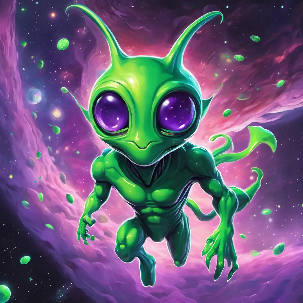 Visualize Green alien with a purple nose, has stinky superpowers floating in space, with other aliens covering their noses and running away.