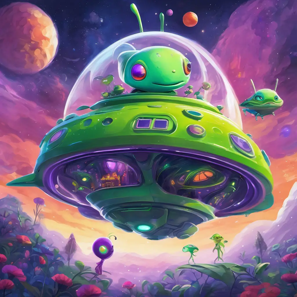 Imagine Green alien with a purple nose, has stinky superpowers and his colorful alien friends building a spaceship and flying through space towards Bloom.