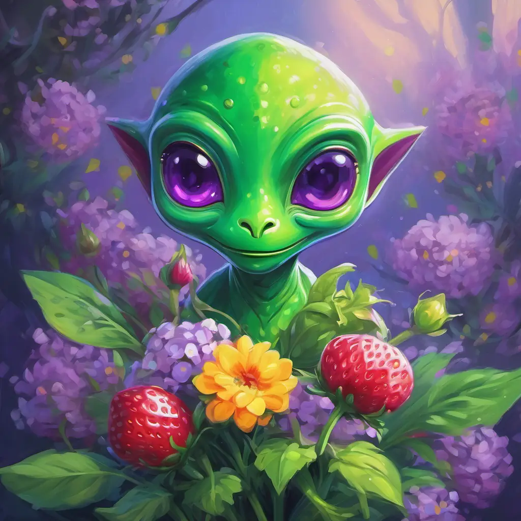 Picture Green alien with a purple nose, has stinky superpowers on Bloom, holding a bouquet of flowers that smell like strawberries.