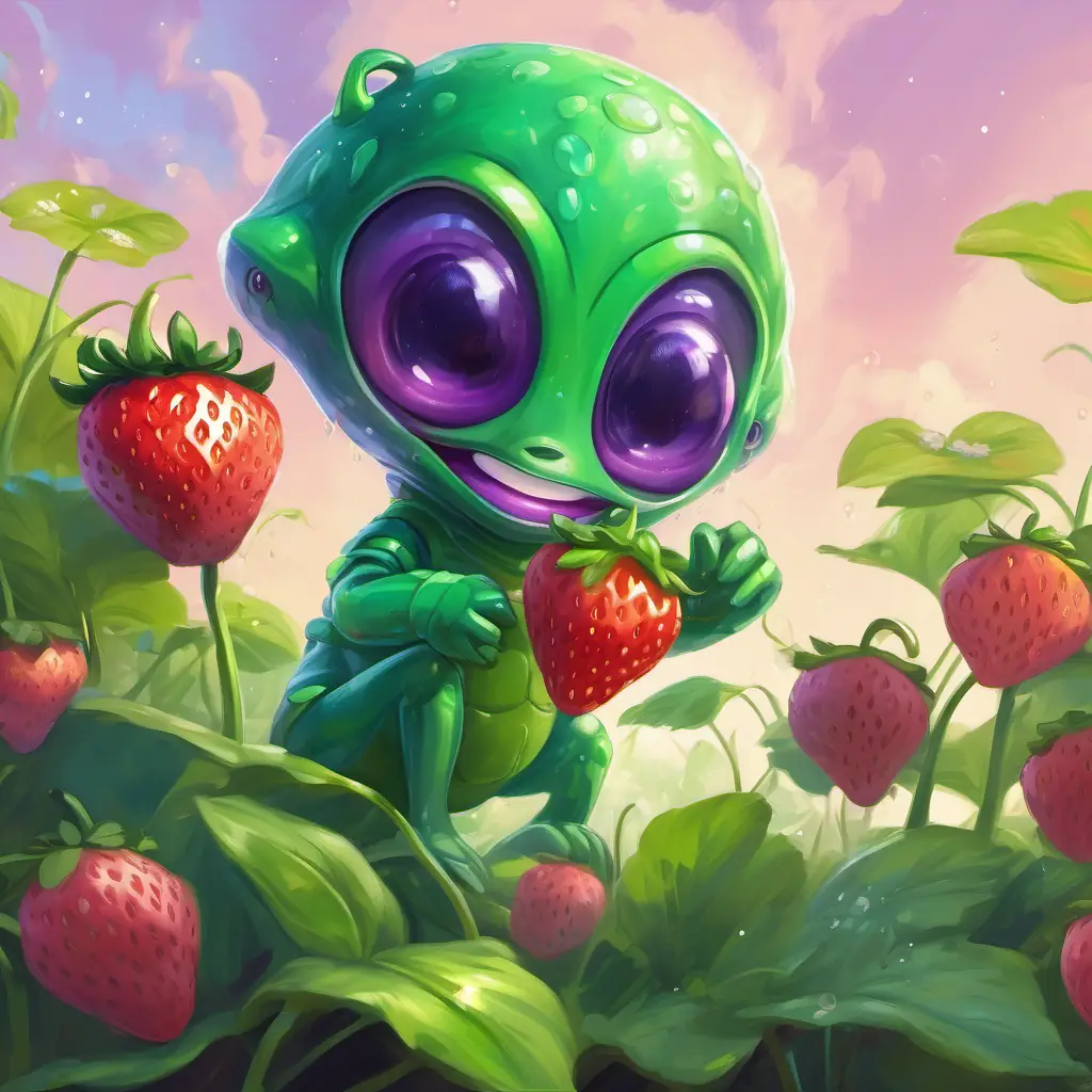 Imagine Green alien with a purple nose, has stinky superpowers watering the strawberry flowers and smiling as the lovely smell spreads across Zog.