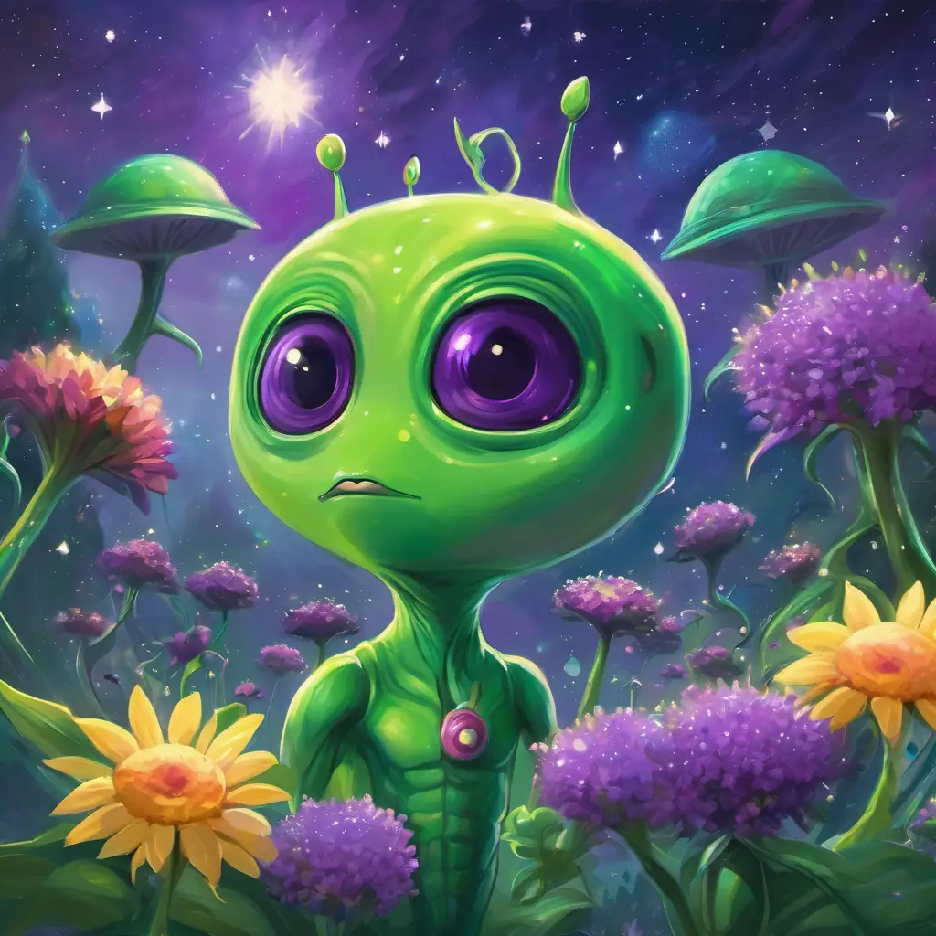 Visualize Green alien with a purple nose, has stinky superpowers standing with other aliens, all smiling and holding flowers, while stars sparkle in the sky.