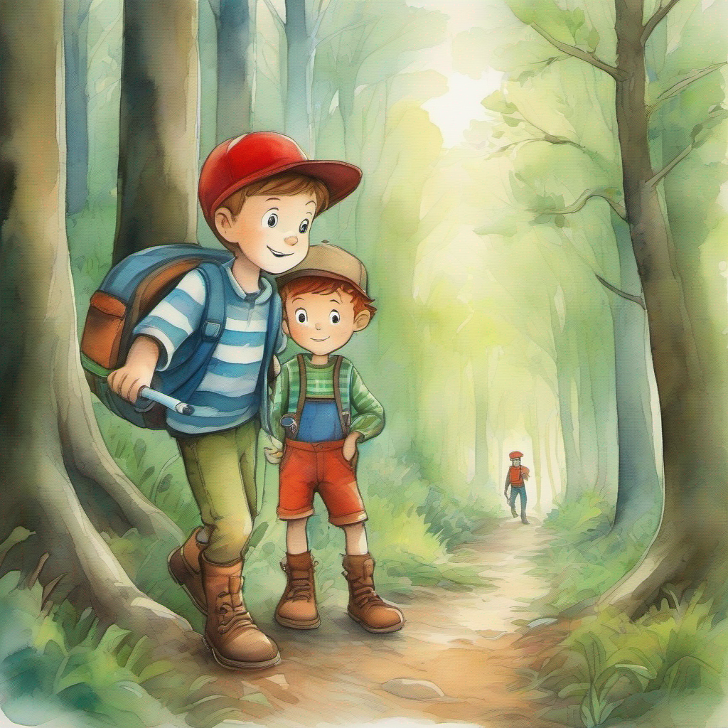 Timmy: Curious boy with red cap and blue overalls and Alex: Adventurous boy with green hat and brown boots explore a spooky forest and find a ghost