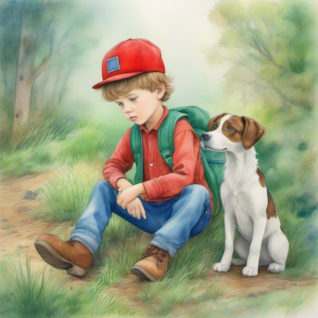 Timmy: Curious boy with red cap and blue overalls and Alex: Adventurous boy with green hat and brown boots meet the sad and lost ghost